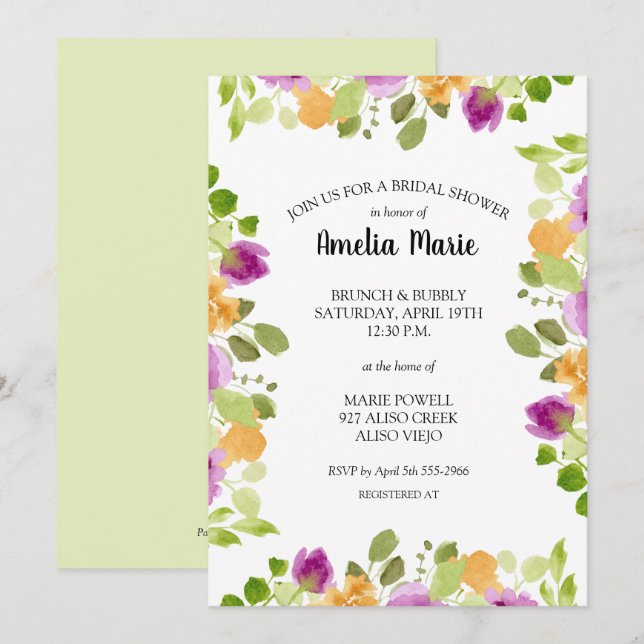 Elegant Purple Watercolor Floral Bridal Shower (Front/Back)