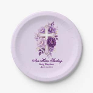 Elegant Purple Watercolor Floral Cross Christian Paper Plate