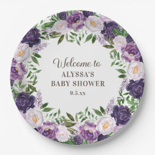 Elegant Purple Watercolor Floral Girl Baby Shower Paper Plate