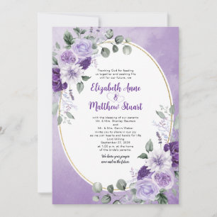 Elegant Purple Watercolor Floral Gold Oval Wedding Invitation