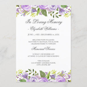 Elegant Purple Watercolor Floral Memorial Service Invitation