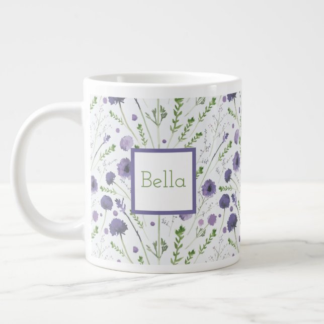 Elegant Purple Watercolor Floral Pattern Large Coffee Mug (Left)
