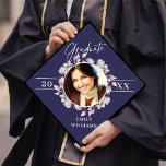 Elegant Purple Watercolor Floral Photo Script Grad Graduation Cap Topper<br><div class="desc">This elegant graduation cap topper features beautiful watercolor florals with a single round photo and classic typography over a purple background.</div>