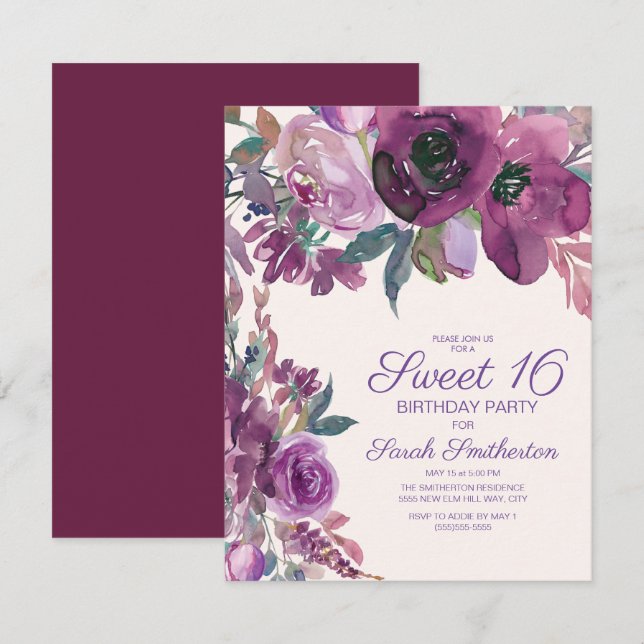 Elegant Purple Watercolor Floral Sweet 16 Girls Invitation (Front/Back)
