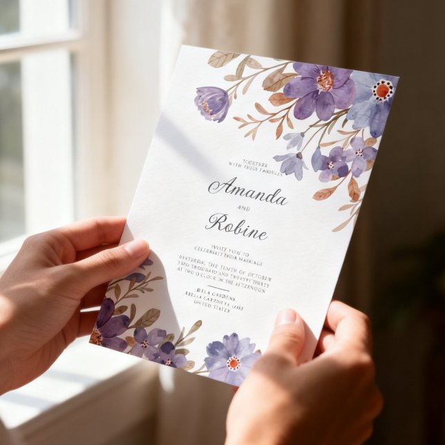 Elegant Purple Watercolor Floral Wedding Invitation (Creator Uploaded)