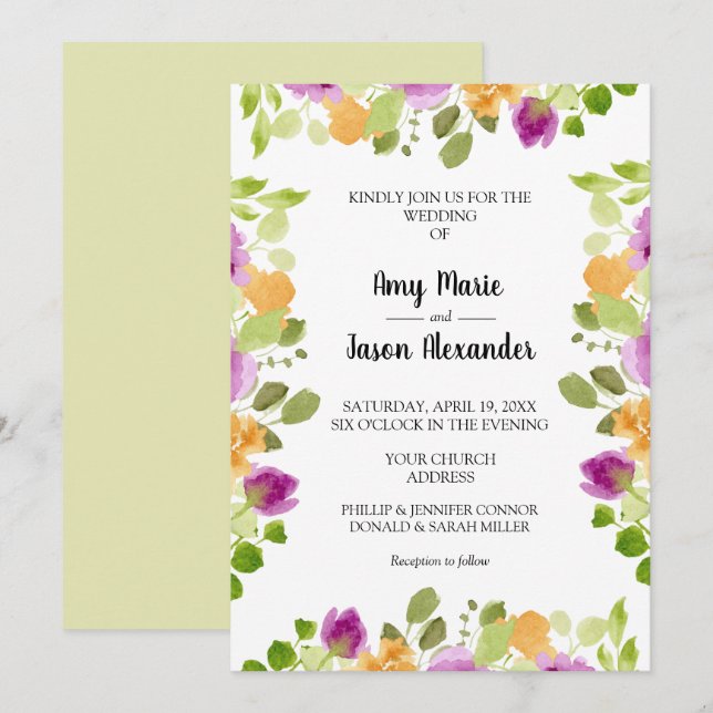 Elegant Purple Watercolor Floral Wedding Invites (Front/Back)
