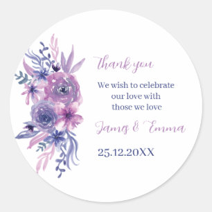 Elegant Purple Watercolor Flower Custom Wedding Classic Round Sticker