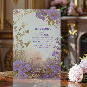 Elegant Purple Watercolor Flowers Greenery Wedding Invitation