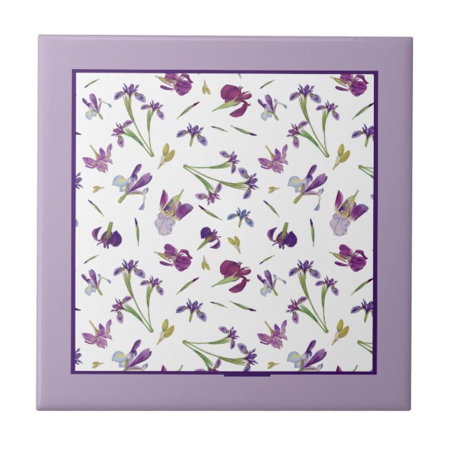 Elegant Purple Watercolor Iris Flowers Pattern Tile (Front)