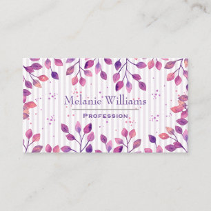Elegant Purple Watercolor Leaves and Stripes Business Card