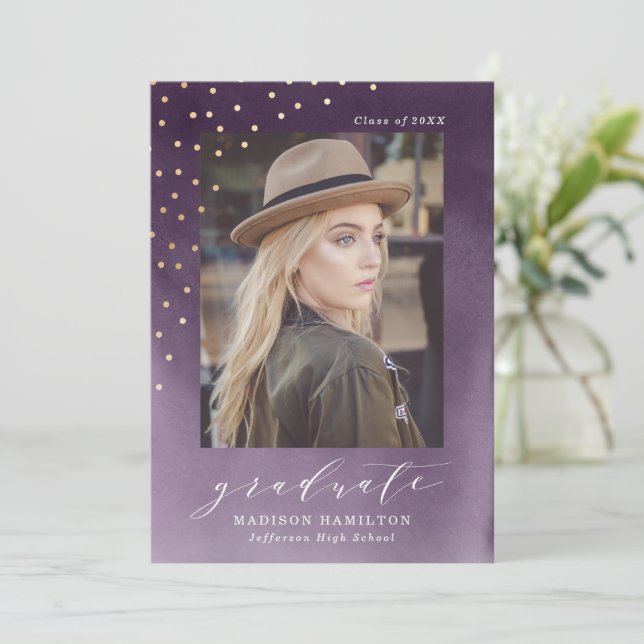 Elegant Purple Watercolor Photo Graduation Party Invitation (Standing Front)