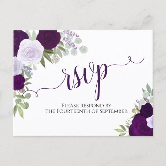 Elegant Purple Watercolor Roses Wedding RSVP Postcard (Front)