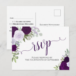 Elegant Purple Watercolor Roses Wedding RSVP Postcard