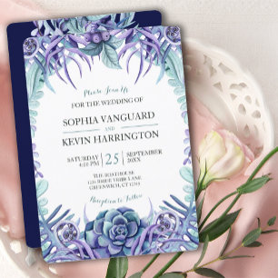 Elegant Purple Watercolor Succulent Floral Wedding Invitation
