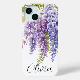 Elegant purple watercolor wisteria blue floral  iPhone 15 case