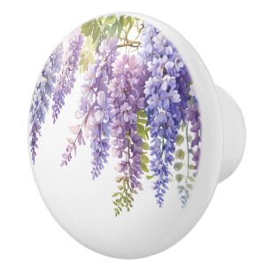 Elegant purple watercolor wisteria floral ceramic knob
