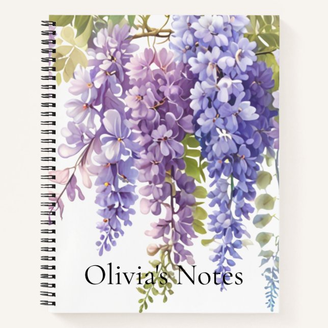 Elegant purple watercolor wisteria floral  notebook (Front)