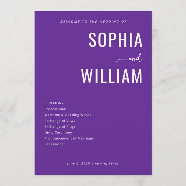 Elegant Purple Wedding Ceremony Program (Front)