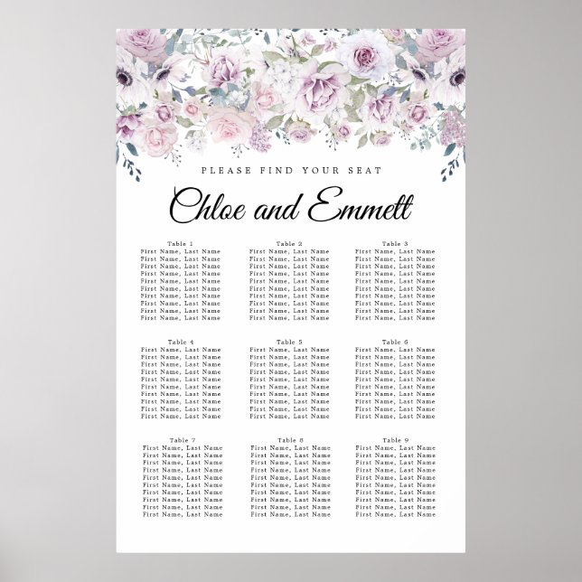 Elegant Purple White Floral 9-Table Seating Chart (Front)