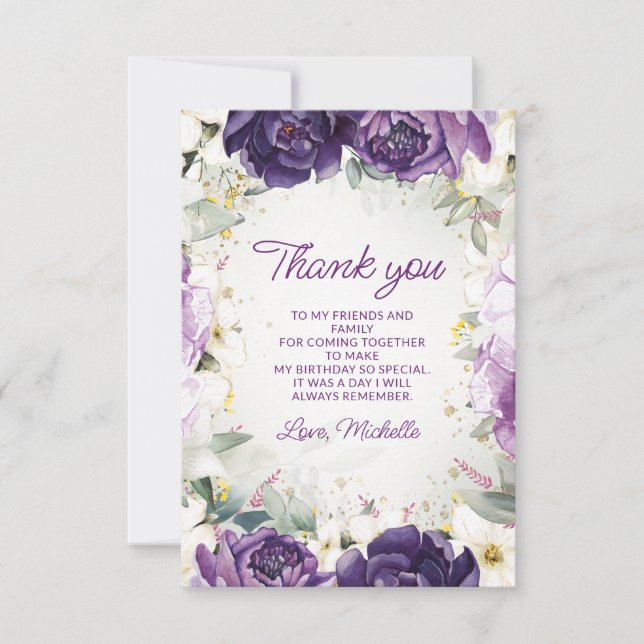 Elegant Purple White Floral Birthday Thank You (Front)