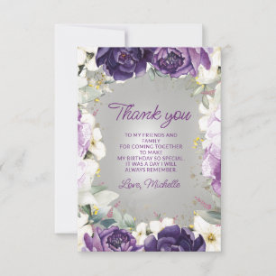 Elegant Purple White Floral Birthday Thank You Card