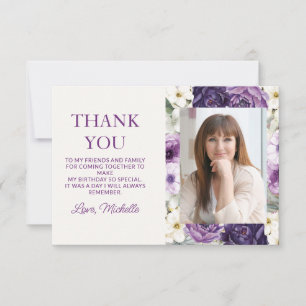 Elegant Purple White Floral Birthday Thank You Card