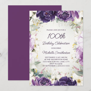 Elegant Purple White Floral Glitter 100th Birthday Invitation