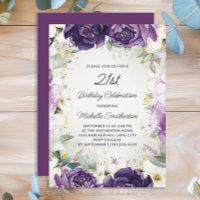 Elegant Purple White Floral Glitter 21st Birthday