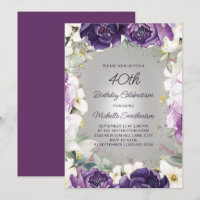 Elegant Purple White Floral Glitter 40th Birthday
