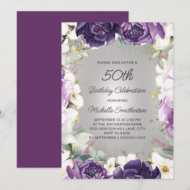 Elegant Purple White Floral Glitter 50th Birthday Invitation (Front/Back)