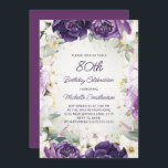 Elegant Purple White Floral Glitter 80th Birthday Invitation<br><div class="desc">Elegant 80th birthday party invitation for women with pretty white and purple hand-painted flowers and sage green leaves accented with gold glitter. Personalized with a name and all of your party information. Contact me for assistance with your customizations or to request additional matching Zazzle products for your party.</div>