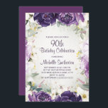 Elegant Purple White Floral Glitter 90th Birthday Invitation<br><div class="desc">Elegant 90th birthday party invitation for women with pretty white and purple hand-painted flowers and sage green leaves accented with gold glitter. Personalized with a name and all of your party information. Contact me for assistance with your customizations or to request additional matching Zazzle products for your party.</div>