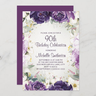 Elegant Purple White Floral Glitter 90th Birthday Invitation