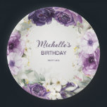 Elegant Purple White Floral Glitter Birthday Name Paper Plate<br><div class="desc">Elegant custom birthday party paper plates for women with pretty white and purple hand-painted springtime or summer flowers and sage green leaves accented with gold glitter. Personalized with your name and party date. Contact me for assistance with your customizations or to request additional matching Zazzle products for your party.</div>