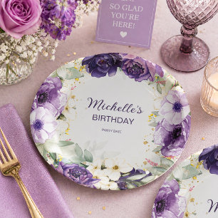 Elegant Purple White Floral Glitter Birthday Name Paper Plate