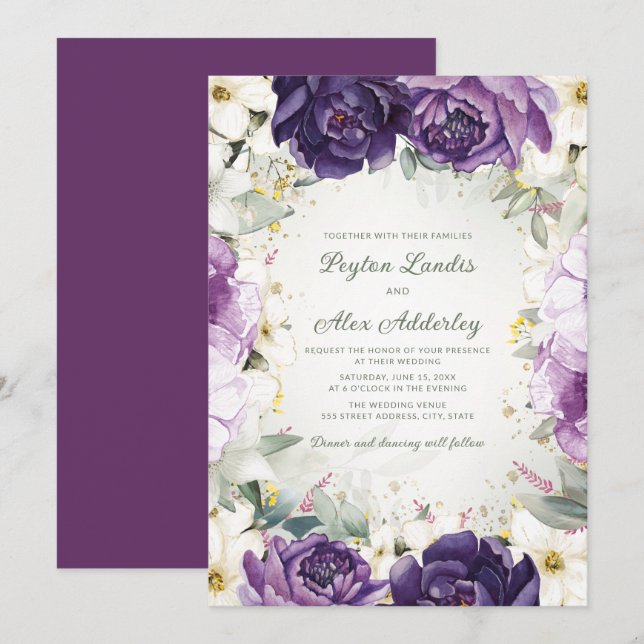 Elegant Purple White Floral Glitter Wedding Invitation (Front/Back)