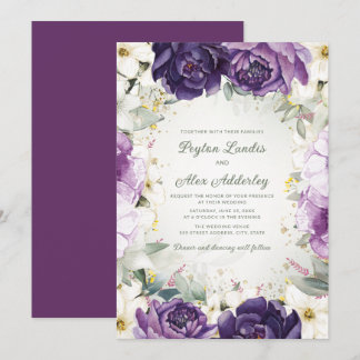 Elegant Purple White Floral Glitter Wedding Invitation