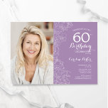Elegant Purple White Floral Photo 60th Birthday Invitation<br><div class="desc">Light purple lavender white floral 60th birthday party invitation with your photo on the front of the card. Minimalist modern design featuring botanical outline drawings accents, faux gold foil and typography script font. Simple trendy invite card perfect for a stylish female bday celebration. Can be customized to any age. Printed...</div>