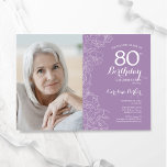 Elegant Purple White Floral Photo 80th Birthday Invitation<br><div class="desc">Lavender purple white floral 80th birthday party invitation with your photo on the front of the card. Elegant modern design featuring botanical outline drawings accents and typography script font. Simple trendy invite card perfect for a stylish female bday celebration. Can be customized to any age. Printed Zazzle invitations or instant...</div>