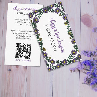 Elegant Purple & White Floral QR Code Florist Business Card