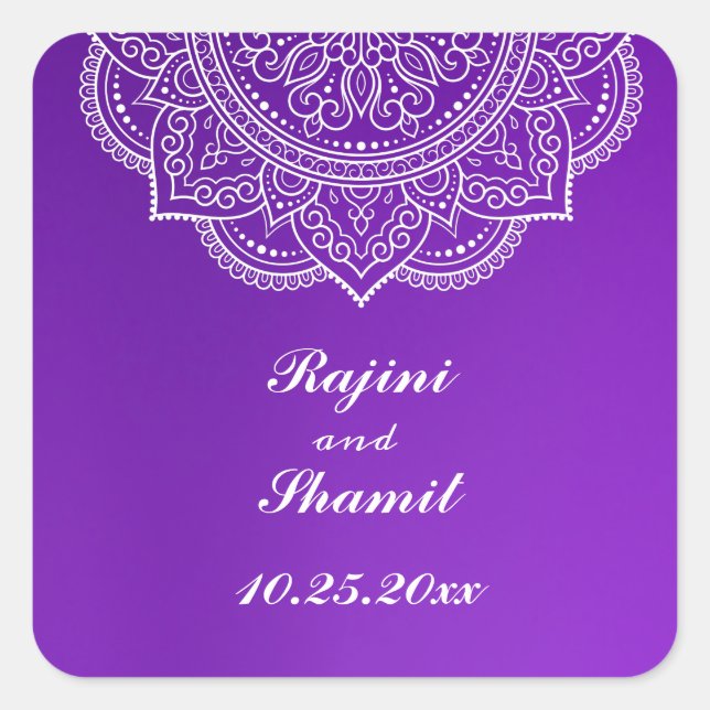 Elegant Purple White Indian Paisley Wedding  Square Sticker (Front)