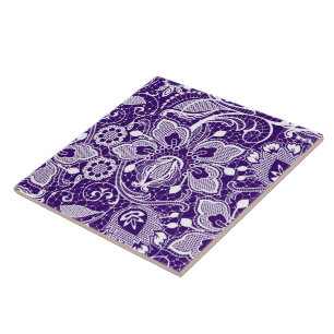 Elegant Purple & White Vintage Flowers Lace Tile