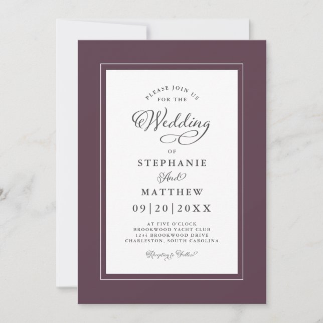 Elegant Purple & White Wedding Modern Calligraphy Invitation (Front)