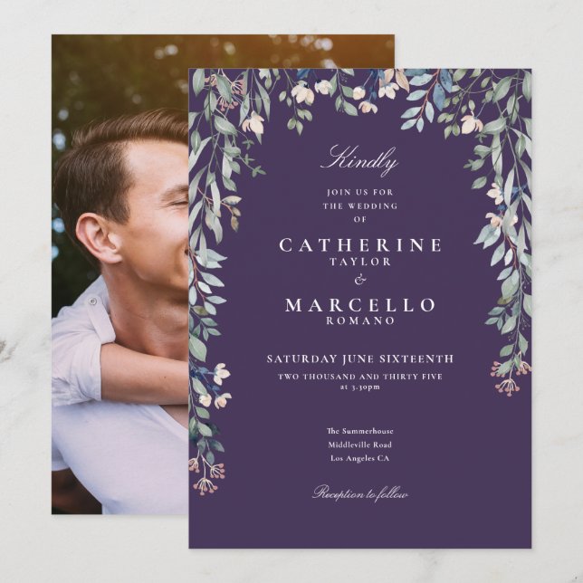 Elegant Purple Wildflowers Floral Photo Wedding Invitation (Front/Back)
