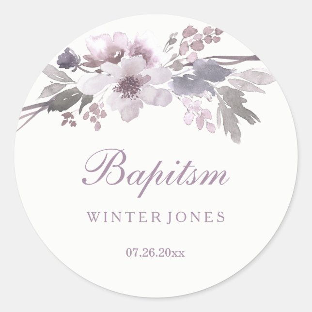 Elegant Purple Winter Floral Baptism Sticker (Front)