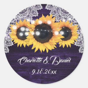 Elegant Purple Wood Lace Sunflower Wedding Classic Round Sticker