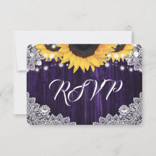 Elegant Purple Wood Lace Sunflower Wedding RSVP Card
