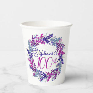 Elegant Purple Wreath 100th Birthday Party Paper Cups