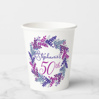 Elegant Purple Wreath 50th Birthday Party Paper Cups
