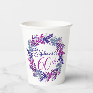 Elegant Purple Wreath 60th Birthday Party Paper Cups